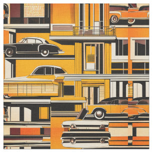 Retro Cars Geometric Mustard Mid Century  Fabric