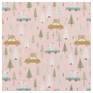 Retro Cars Pink Christmas Woodland Trees Fabric
