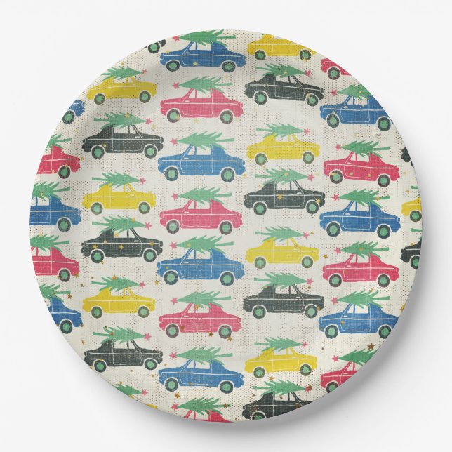 Retro Cars with Christmas Trees on Top Paper Plate (Front)