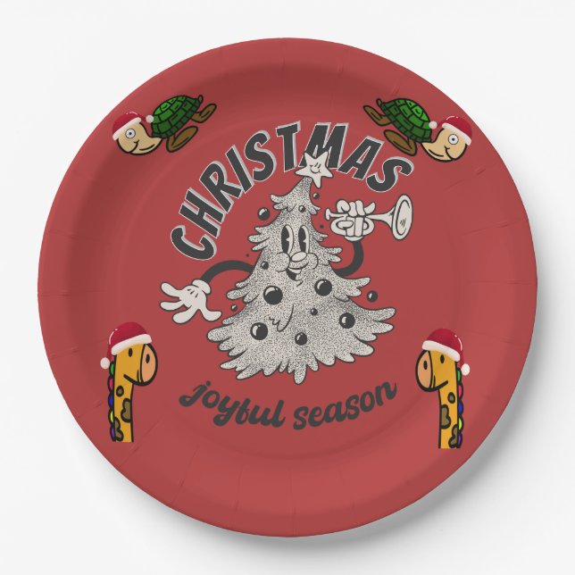Retro Cartoon Christmas Joyful Season  Paper Plate (Front)