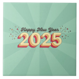 Retro cartoon design happy new year 2025 text ceramic tile