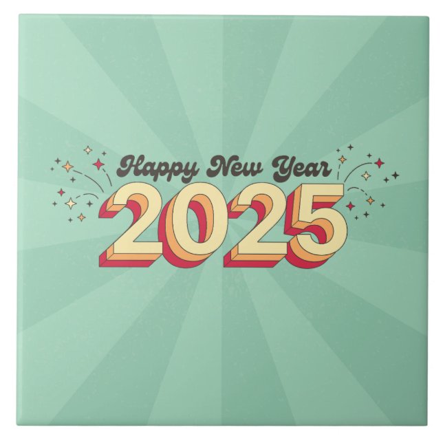 Retro cartoon design happy new year 2025 text ceramic tile (Front)