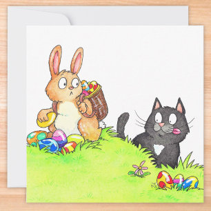 Retro Cartoon Easter Bunny & Black Cat Easter Card