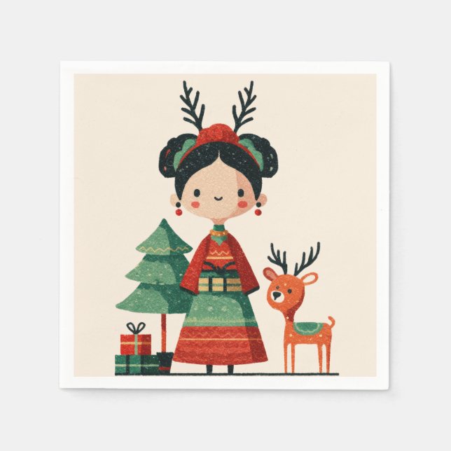 Retro Cartoon Frida Kahlo Cute Simple Christmas Napkin (Front)