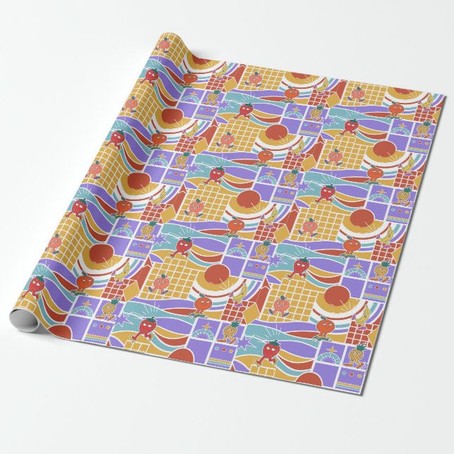 Retro Cartoon Fruits Geometric Pattern Wrapping Paper (Unrolled)