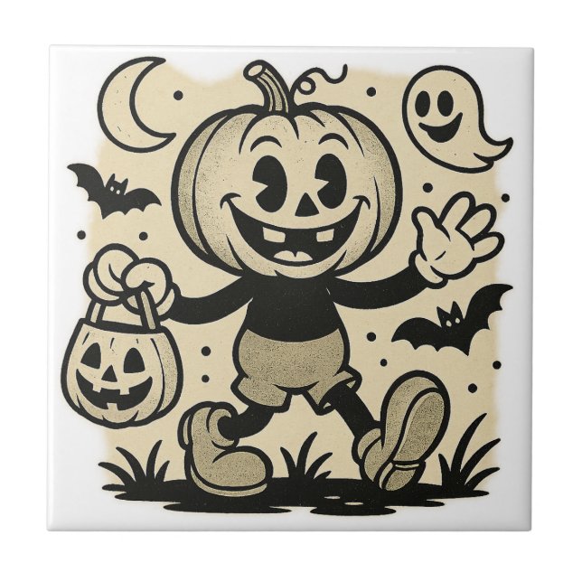Retro cartoon-inspired pumpkin Halloween tile (Front)