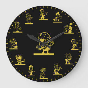 Retro Cartoon People Themed Gold Large Clock