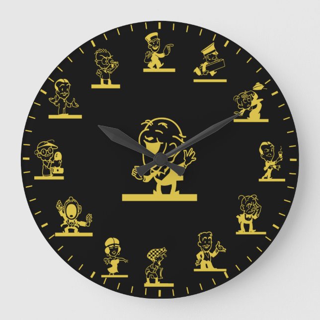 Retro Cartoon People Themed Gold Large Clock (Front)