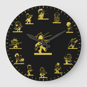 Retro Cartoon People Themed Gold Large Clock
