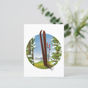 Retro cartoon ski travel logo postcard