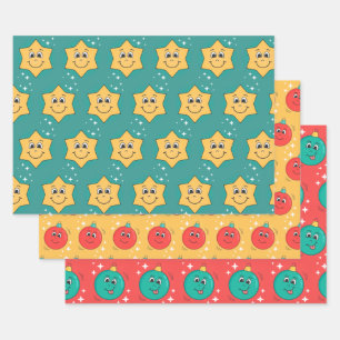 Retro cartoon smiley characters xmas design wrapping paper sheet