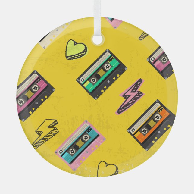 Retro Cassette: 80's Love Party Design Glass Tree Decoration (Front)