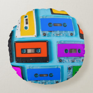 Retro Cassette: Blue Background Collection Round Cushion