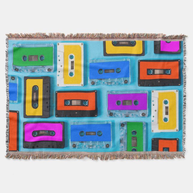 Retro Cassette: Blue Background Collection Throw Blanket (Front)