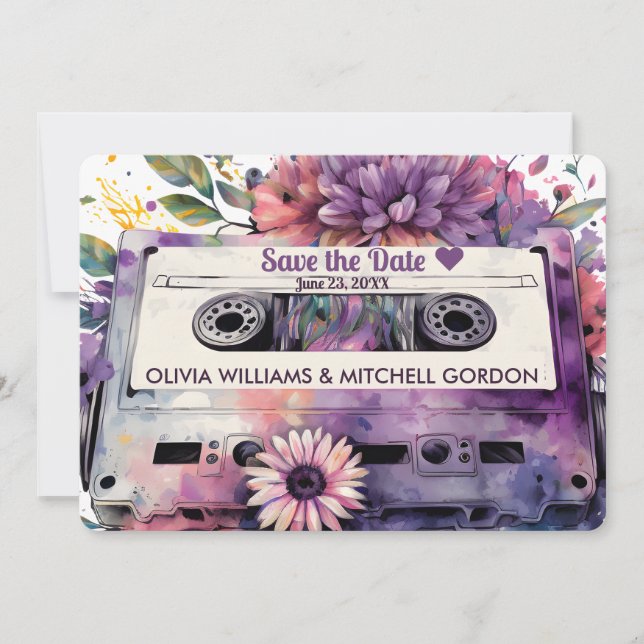 Retro Cassette | Floral Wedding Save the Date Invi Invitation (Front)
