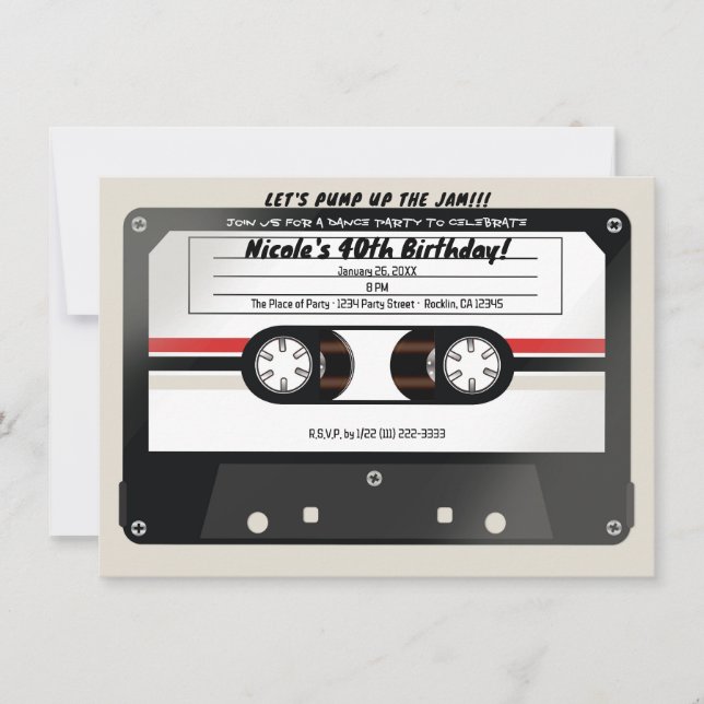 Retro Cassette Tape Beige Grey 90's Birthday Party Invitation (Front)