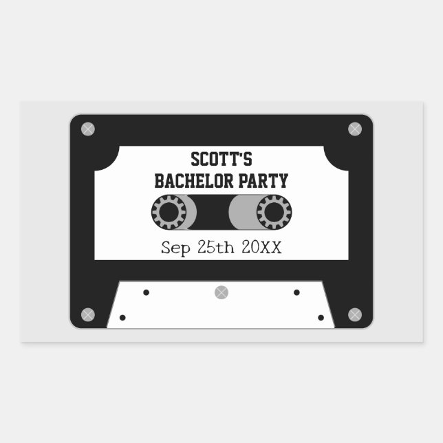 Retro Cassette Tape Black And White Bachelor Party Rectangular Sticker (Front)
