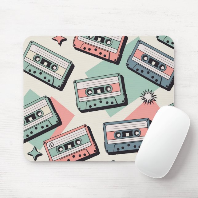 Retro Cassette Tape Pattern Mouse Pad (With Mouse)