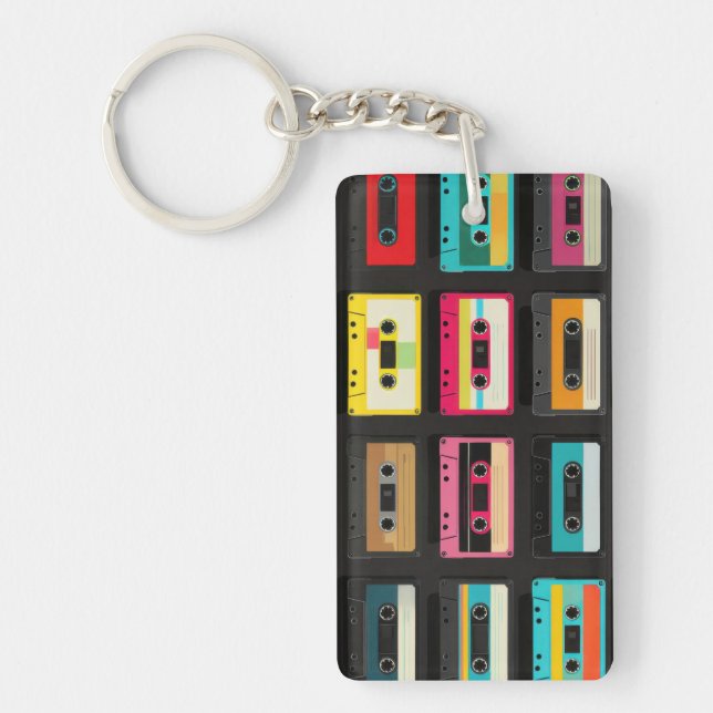 Retro Cassette Tape Pattern – Vintage Music  Key Ring (Front)