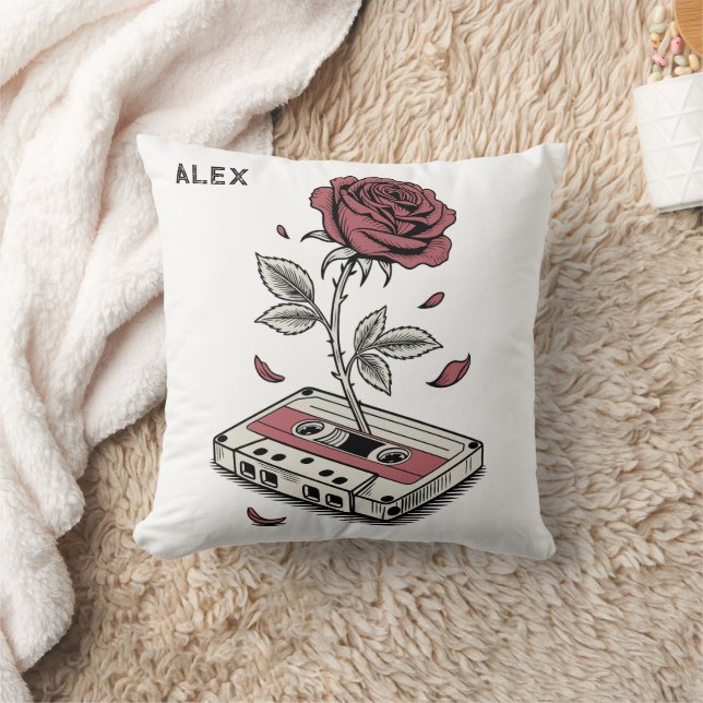 Retro Cassette Tape Rose Personalised Name  Cushion (Blanket)