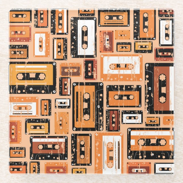 Retro Cassette Tape Seamless Pattern Glass Coaster (Front)