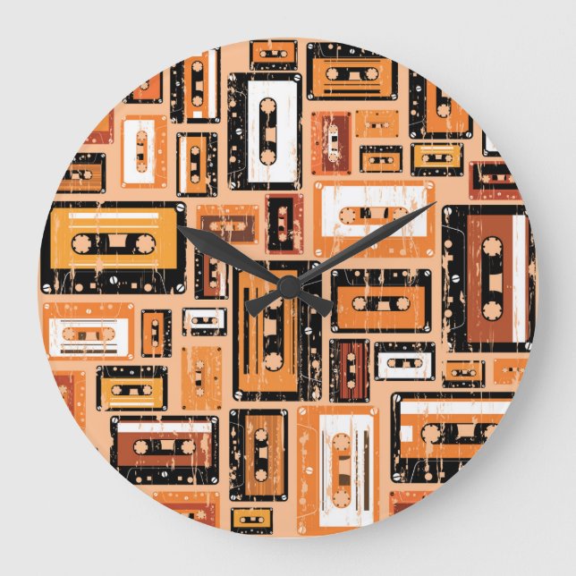 Retro Cassette Tape Seamless Pattern Large Clock (Front)