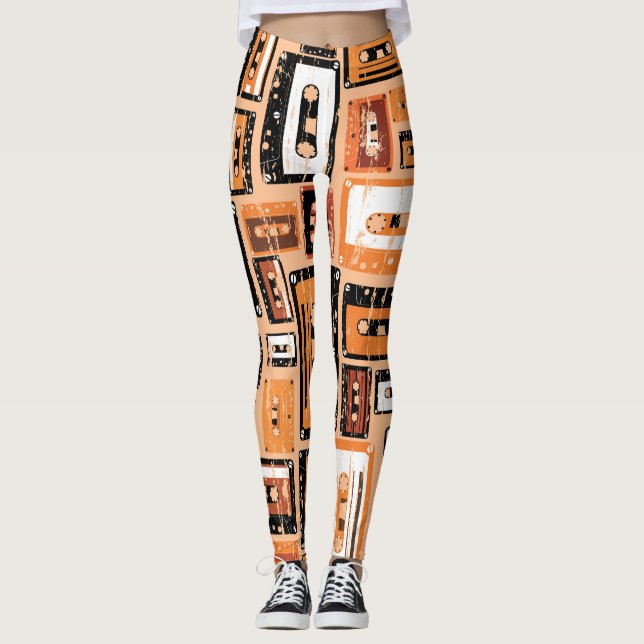 Retro Cassette Tape Seamless Pattern Leggings (Front)