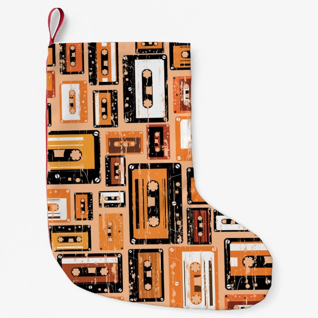 Retro Cassette Tape Seamless Pattern Small Christmas Stocking (Front)