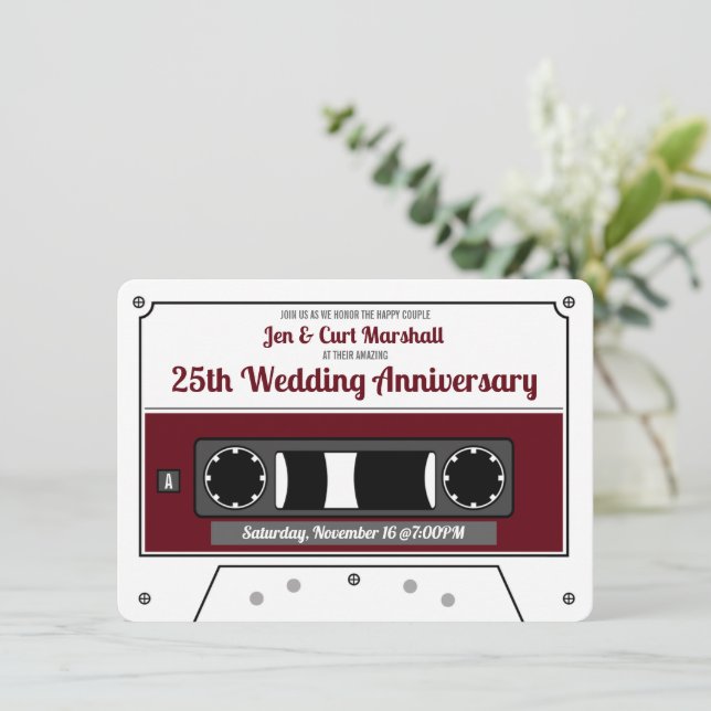 Retro Cassette Tape Wine Red Anniversary Party Invitation (Standing Front)