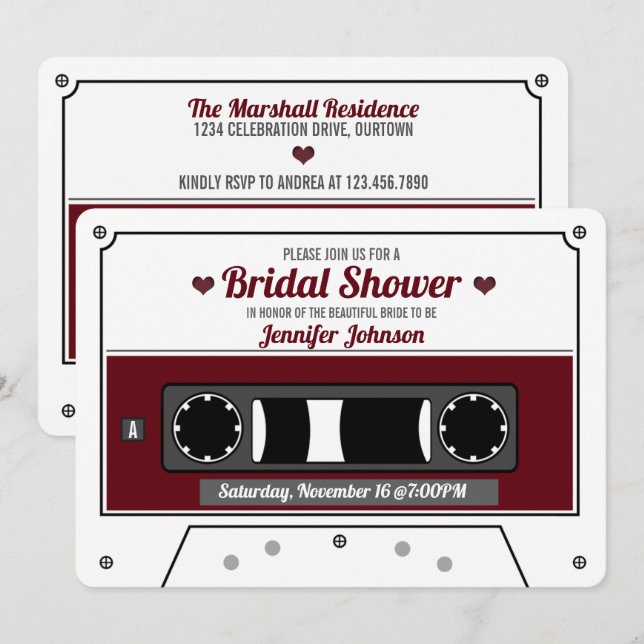 Retro Cassette Tape Wine Red Bridal Shower  Invitation (Front/Back)