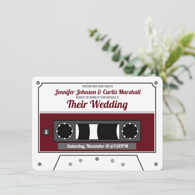 Retro Cassette Tape Wine Red Wedding  Invitation (Standing Front)