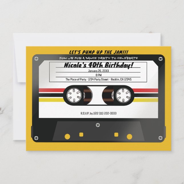 Retro Cassette Tape Yellow 90's Birthday Party Invitation (Front)