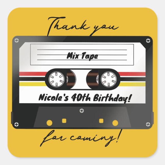 Retro Cassette Tape Yellow 90's Birthday Party Square Sticker (Front)