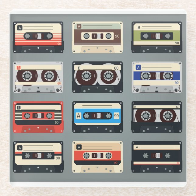 Retro Cassette Tapes 80s Glass Coaster (Front)