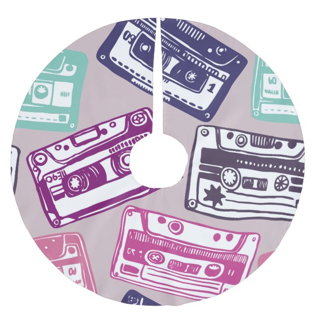 Retro cassette tapes, hand-drawn pattern. brushed polyester tree skirt (Front)