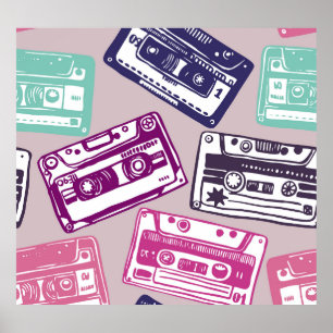 Retro cassette tapes, hand-drawn pattern. poster