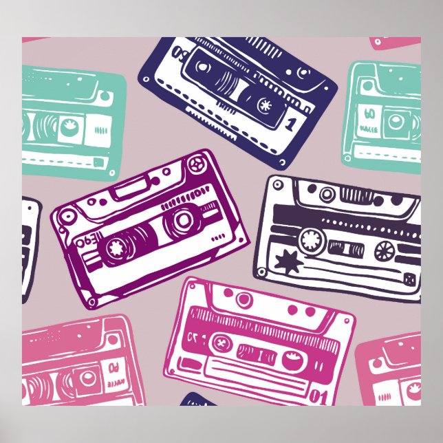 Retro cassette tapes, hand-drawn pattern. poster (Front)