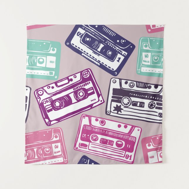Retro cassette tapes, hand-drawn pattern. tapestry (Front)