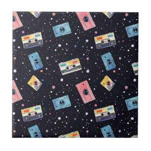 Retro Cassette Tapes in Cosmic Space Ceramic Tile