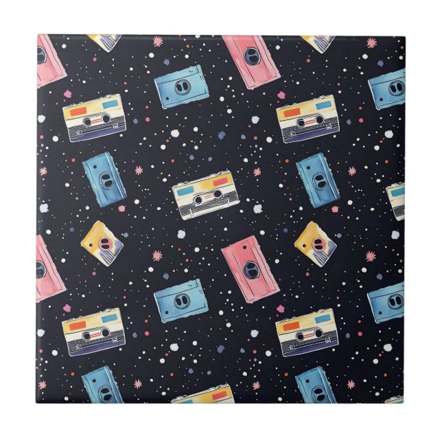 Retro Cassette Tapes in Cosmic Space Ceramic Tile (Front)