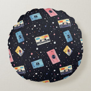 Retro Cassette Tapes in Cosmic Space Round Cushion