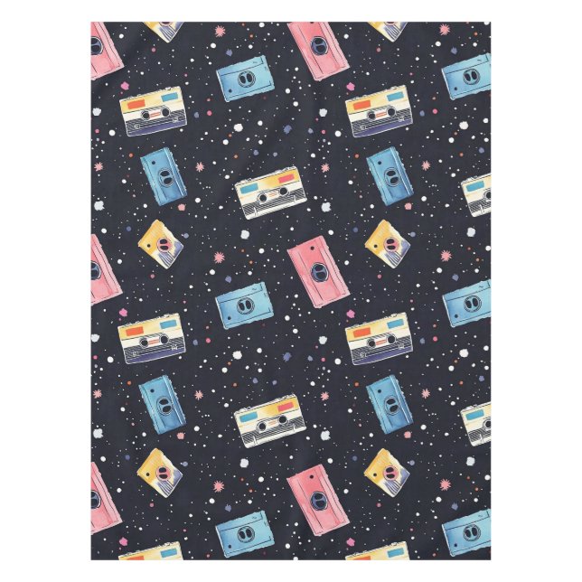 Retro Cassette Tapes in Cosmic Space Tablecloth (Front)