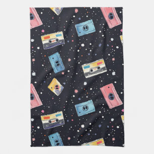 Retro Cassette Tapes in Cosmic Space Tea Towel