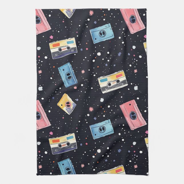 Retro Cassette Tapes in Cosmic Space Tea Towel (Vertical)