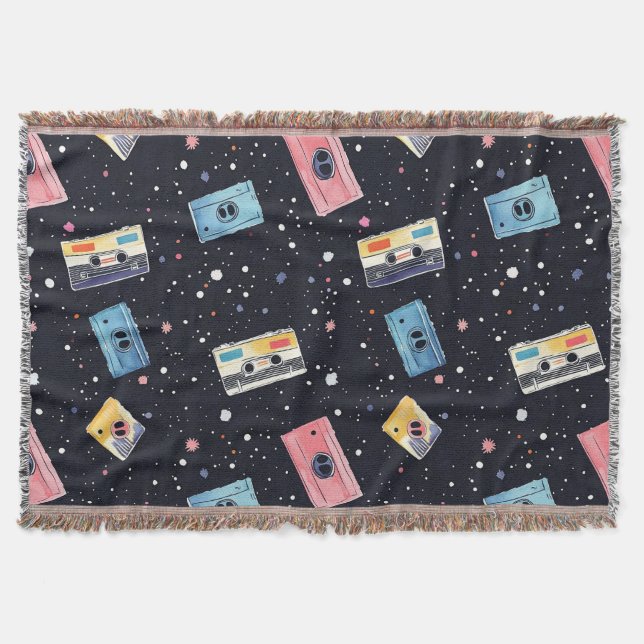 Retro Cassette Tapes in Cosmic Space Throw Blanket (Front)