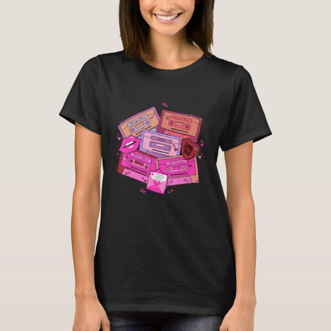 Retro Cassette Tapes Music Pink Heart Happy Valent T-Shirt (Front)