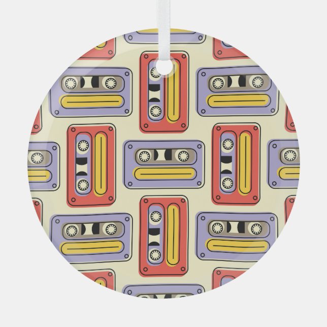 Retro cassette tapes: seamless pattern. glass tree decoration (Front)