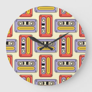Retro cassette tapes: seamless pattern. large clock