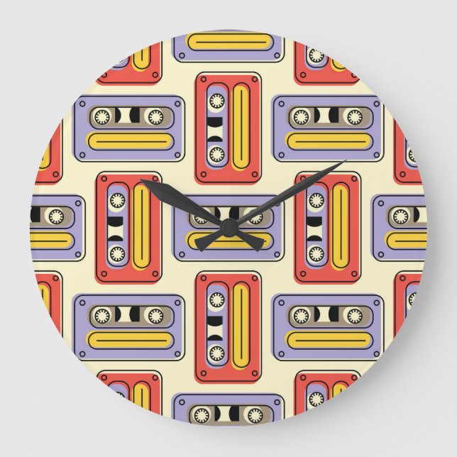 Retro cassette tapes: seamless pattern. large clock (Front)