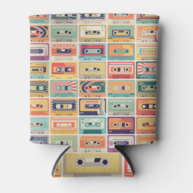 Retro Cassette Tapes Vintage Pattern. Can Cooler (Front)